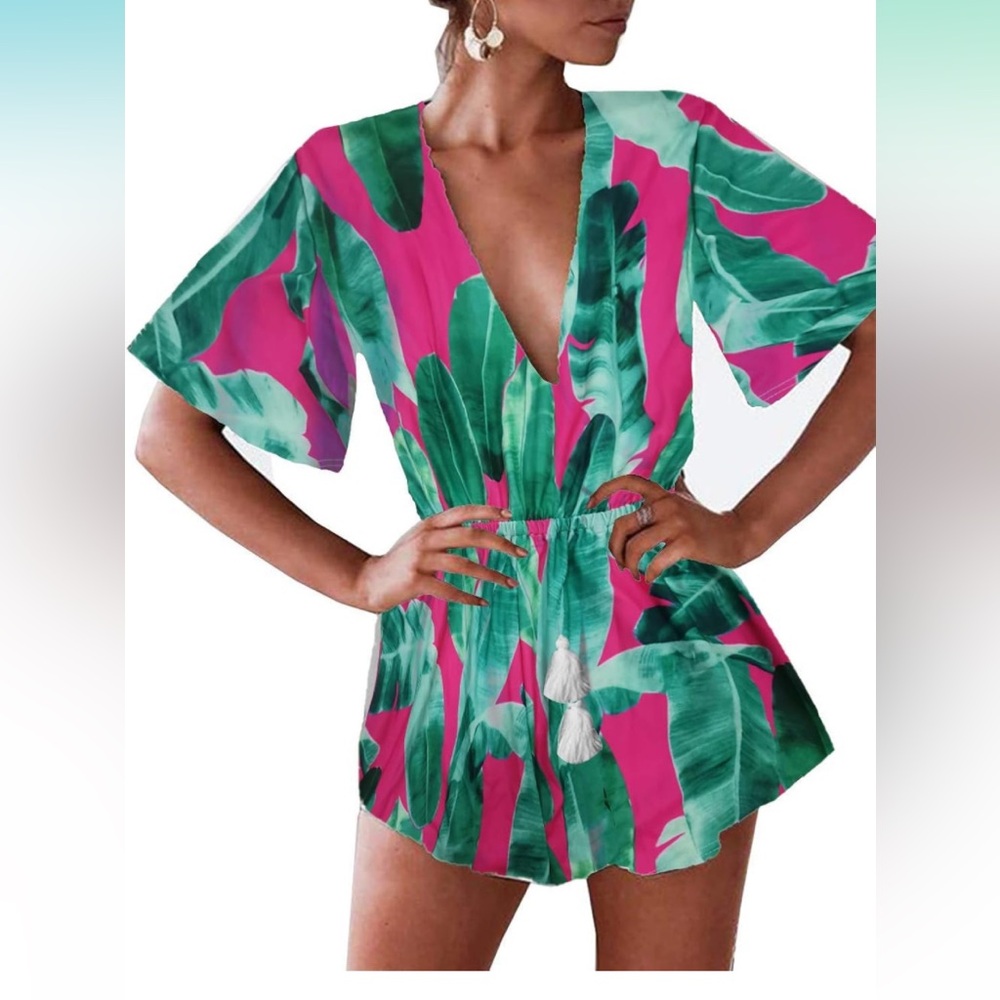 Pink palm frond romper